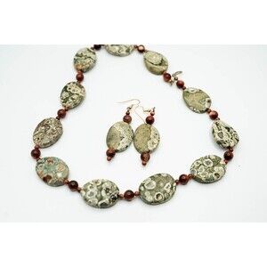 Green Jasper chunky natural stone necklace beaded Set with Earrings demi-parure